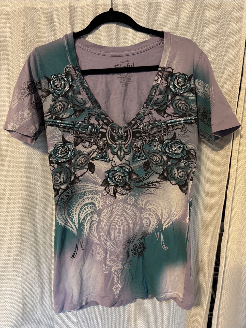 Sinful Lavender & Teal V-Neck Floral Rhinestone Tee
